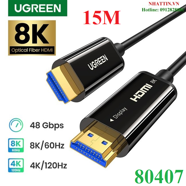 Cáp HDMI 2.1 sợi quang lõi đồng 15m hỗ trợ 8K/60Hz, 4K/120Hz chính hãng Ugreen 80407 cao cấp
