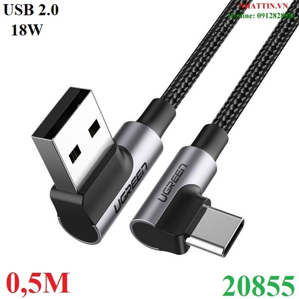 Cáp sạc nhanh 18W, dữ liệu USB-A to USB Type-C chuẩn 2.0 bẻ góc 90 độ đầu dài 0,5M Ugreen 20855