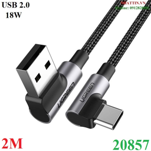 Cáp sạc nhanh 18W, dữ liệu USB-A to USB Type-C chuẩn 2.0 bẻ góc 90 độ đầu dài 2M Ugreen 20857