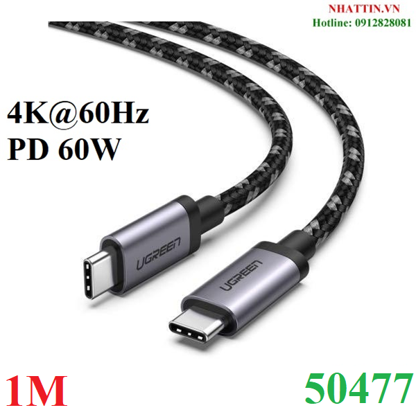 Cáp USB Type-C to Type-C 3.1 Gen1 dài 1M hỗ trợ 4K60Hz dữ liệu 5Gbps sạc PD60W Ugreen 50477 cao cấp