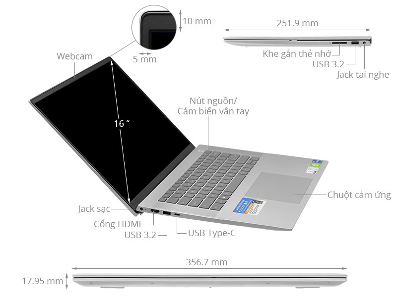 Laptop Dell Inspiron 16 5620 i5-1235U/8GB/256GB/ 16 inch/Windows 11/Office  /P1WKN
