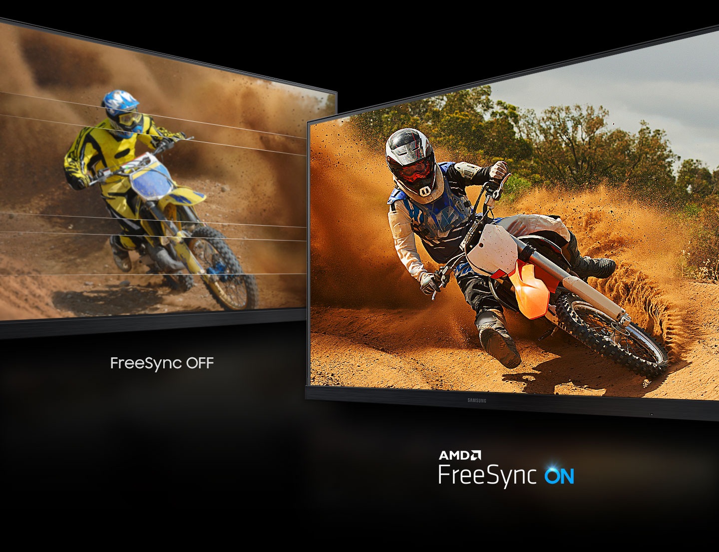 Comparison between FreeSync OFF and AMD FreeSync On. FreeSync OFF causes tearing in the image of the rider on the monitor, but the image of the rider on the AMD FreeSync monitor is clearly visible without obstruction.