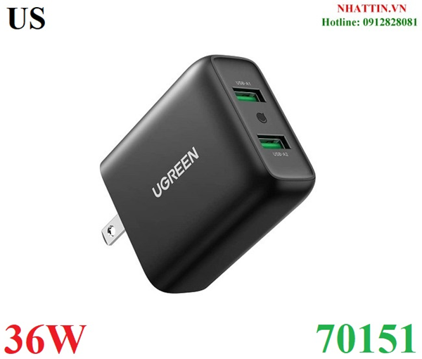 Củ sạc nhanh 36W 2 cổng USB Type-A 18W Ugreen 70151 cao cấp (US)