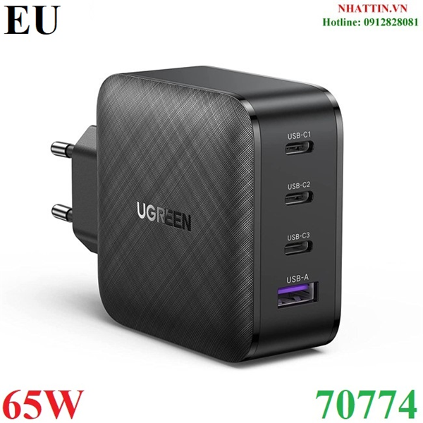 Củ sạc nhanh 65W GaN 4 cổng, 3 USB Type-C và 1 USB Type-A Hỗ trợ QC4+, PD3.0 Ugreen 70774 cao cấp EU