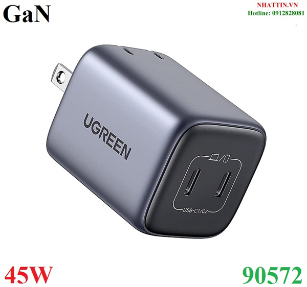 Củ sạc nhanh Nexode GaN 45W 2 cổng USB Type-C x2 Hỗ trợ QC4+, PD3.0 Ugreen 90572 cao cấp (US)
