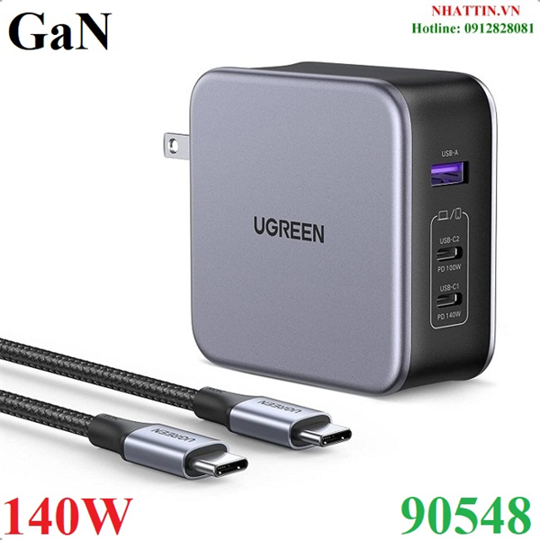 Củ sạc nhanh Nexode 140W GaN PD3.1, 2 USB Type-C và 1 USB Type-A Ugreen 90548 cao cấp (US)