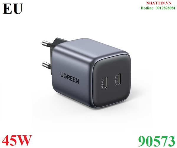 Củ sạc nhanh Nexode GaN 45W 2 cổng USB Type-C x2 Hỗ trợ QC4+, PD3.0 Ugreen 90573 cao cấp (EU)