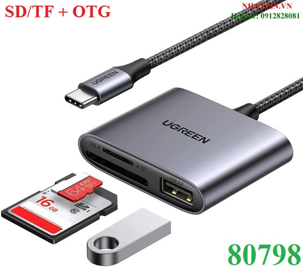 Đầu đọc thẻ SD/TF kèm OTG chuẩn USB Type-C Ugreen 80798 vỏ nhôm cao cấp