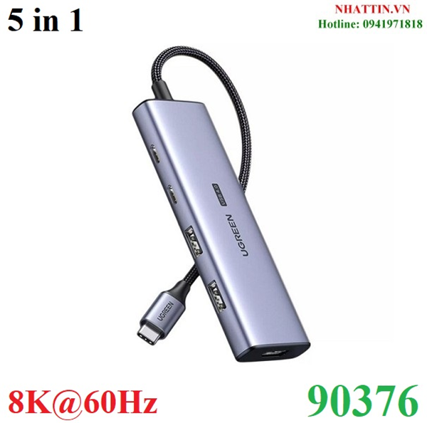 Hub chuyển đổi 5 in 1 USB Type-C sang HDMI 2.1 8K@60Hz, Type-C, USB 3.0 Ugreen 90376 cao cấp